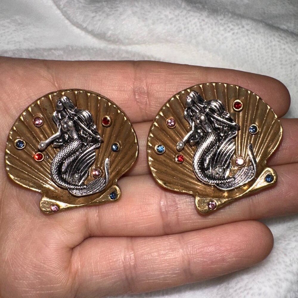 Vintage Mixed Metal Mermaid Shell Statement Earrings Rhinestone Pearl